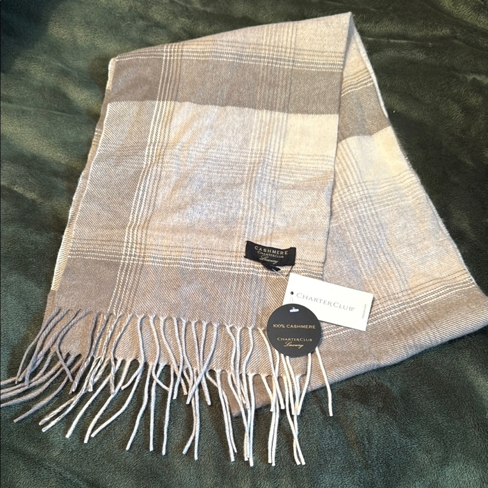 Charter Club Soft Gray Checkered 100% Cashmere Scarf